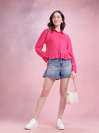 DressBerry Women Ruffled Spread Collar Casual Crop Shirt
