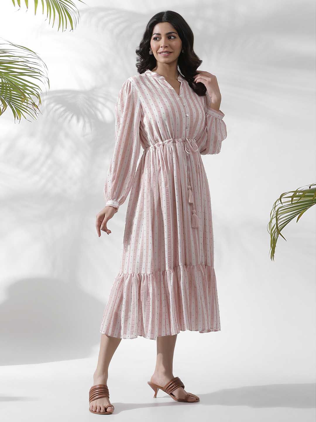 W Striped Notched Neck Puff Sleeves A-Line Opaque Midi Casual Dress