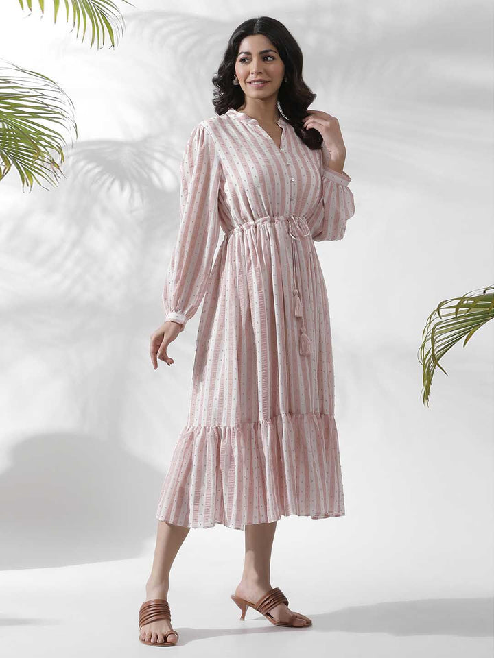 W Striped Notched Neck Puff Sleeves A-Line Opaque Midi Casual Dress