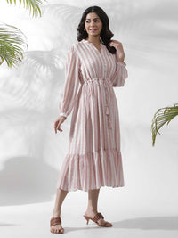W Striped Notched Neck Puff Sleeves A-Line Opaque Midi Casual Dress