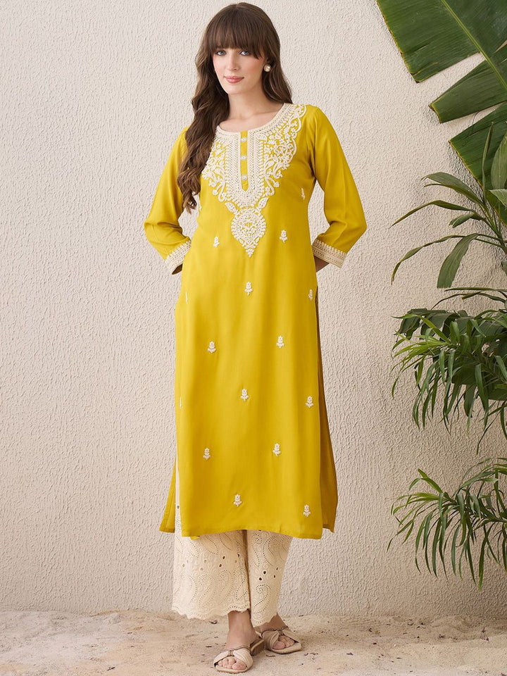 Indo Era Floral Embroidered Thread Work Cotton Straight Kurta