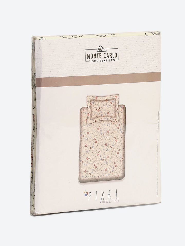 Monte Carlo Off White & Peach-Coloured Printed 120 TC Single Bedsheet Set 1.52 m x 2.30 m