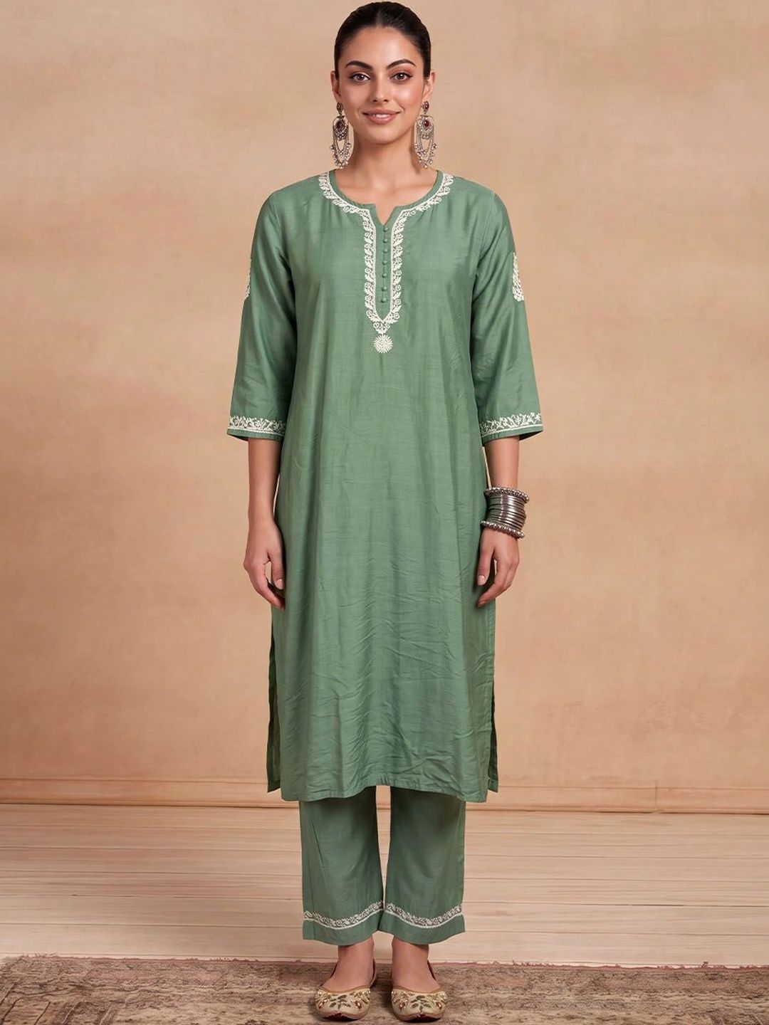 House of Chikankari Women Ethnic Motifs Embroidered Regular Thread Work Chanderi Silk Kurta with Trousers
