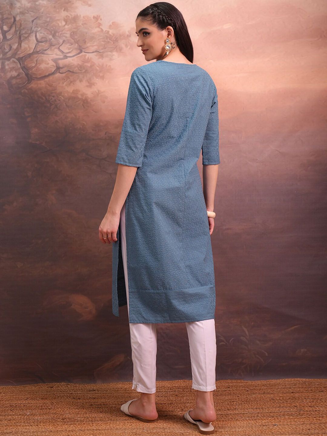 Vishudh Blue Floral Embroidered Notched Neck Straight Kurta
