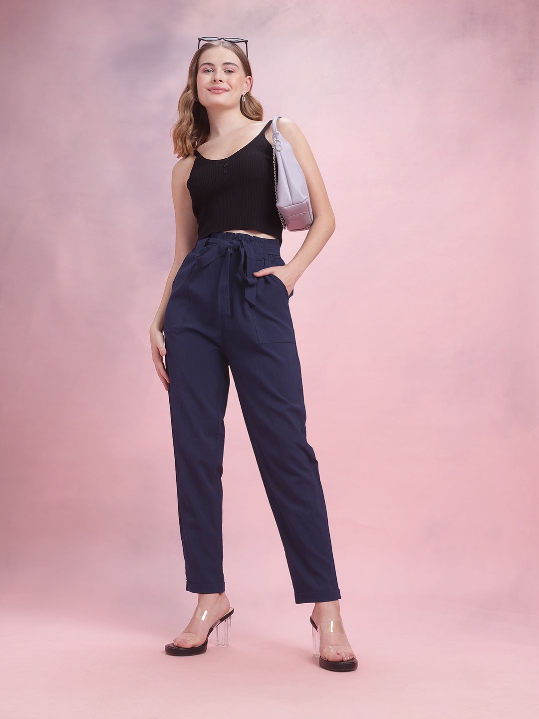 DressBerry Women Crinkled Belted Trousers
