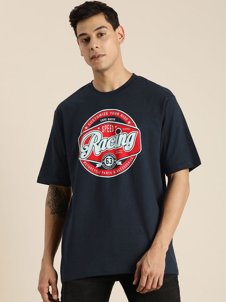 DILLINGER Men Navy Blue & Red Typography Printed Drop-Shoulder Sleeves Pure Cotton Oversized T-shirt
