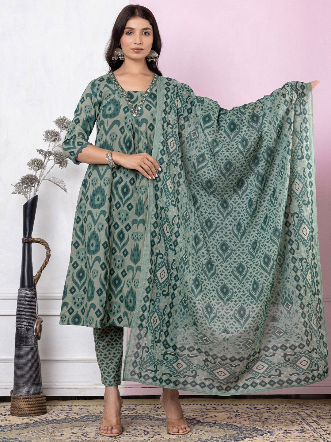 Varanga Women Printed Regular Thread Work Pure Cotton Kurta with Trousers & With Dupatta