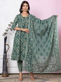Varanga Women Printed Regular Thread Work Pure Cotton Kurta with Trousers & With Dupatta