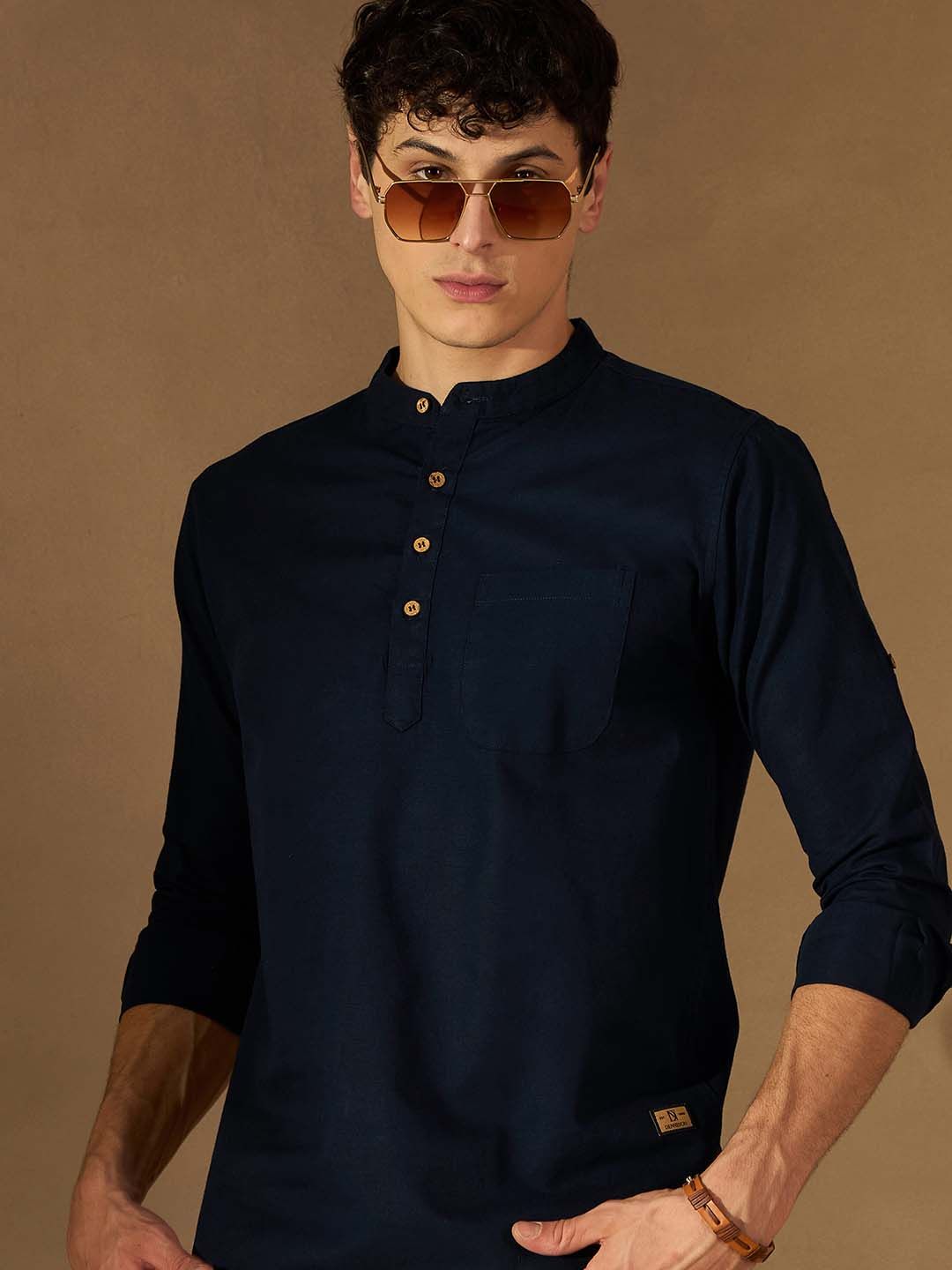 DENNISON Men Navy Blue Solid Straight Pure Cotton Short Kurta