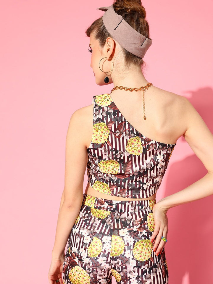 SASSAFRAS Brown & Yellow Floral Print One Shoulder Crop Top
