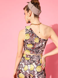 SASSAFRAS Brown & Yellow Floral Print One Shoulder Crop Top