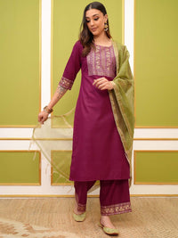 Vishudh Pink Ethnic Motifs Yoke Design Foil Printed Straight Kurta & Palazzos With Dupatta