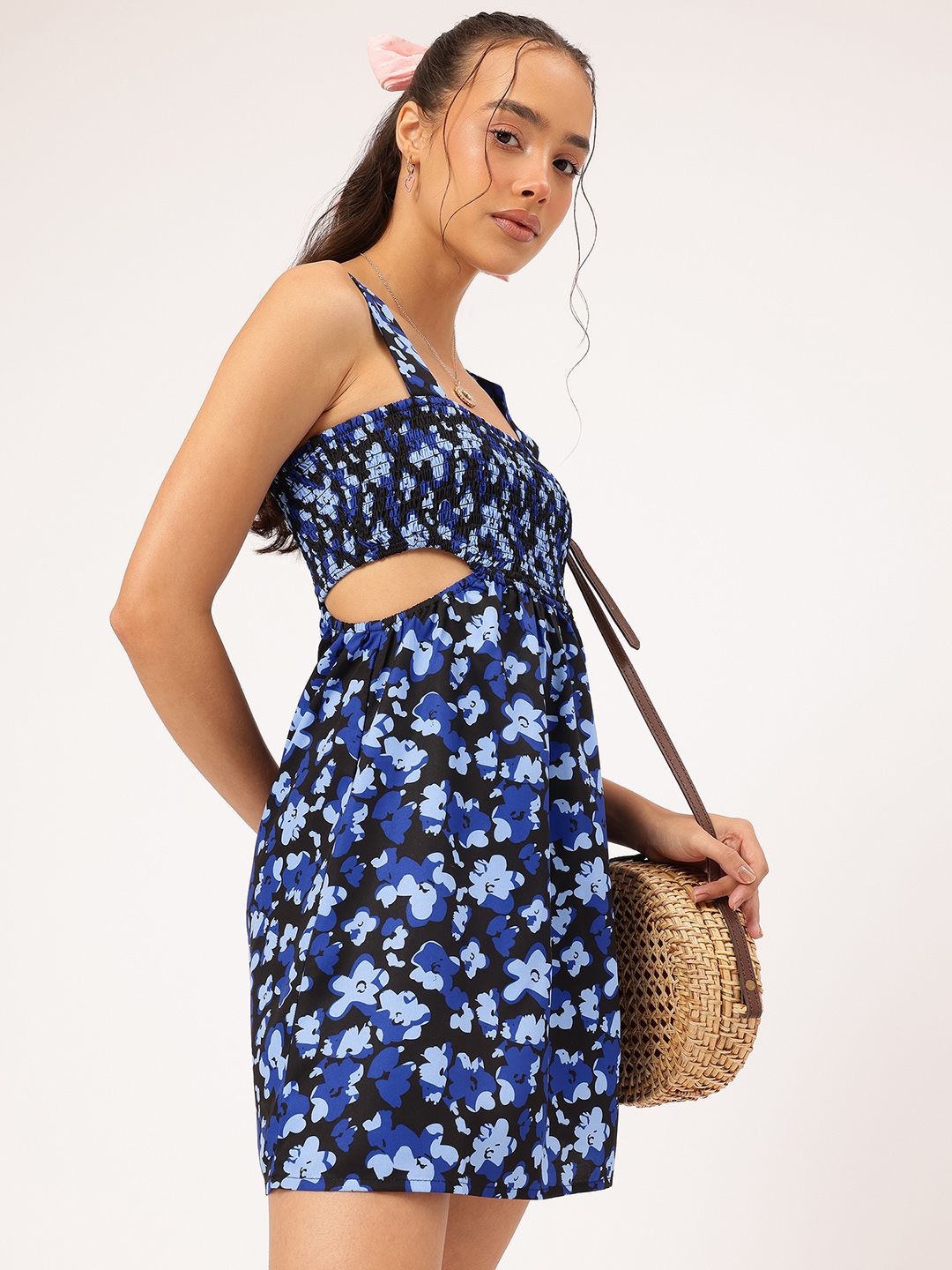 DressBerry Midnight Florals Cut-Out Smocked A-Line Mini Dress