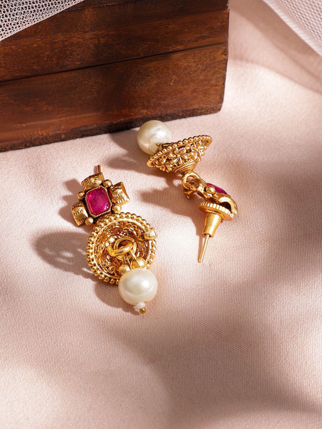 Rubans 22K Gold Plated Handcrafted Ruby Stone Studded and Gold Beaded Jewellery Set
