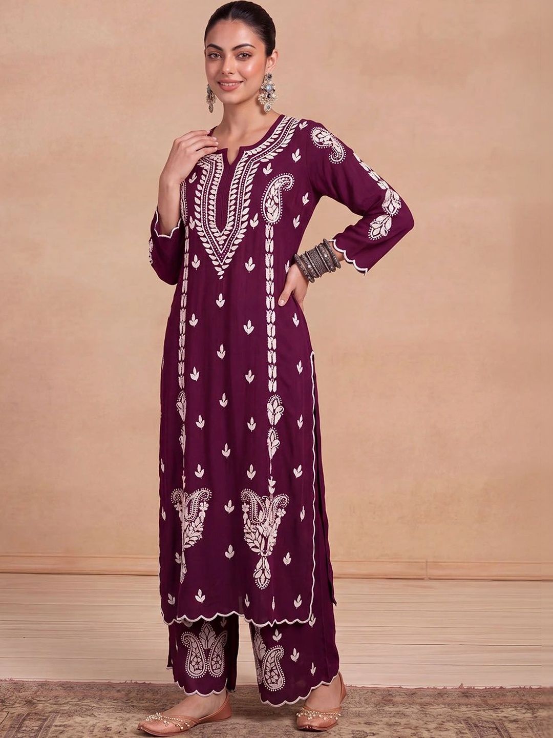 House of Chikankari Women Ethnic Motifs Embroidered Regular Thread Work Kurta with Palazzos