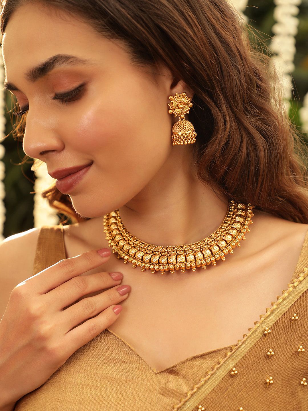 Rubans 22k Gold-Plated Artificial Beads Beaded Royalty Exquisite Necklace & Earrings