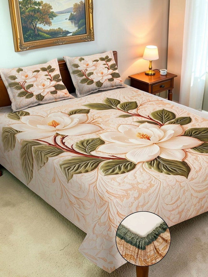 Moda Rapido X KLOTTHE Cream-Coloured & Green Floral 400 TC King Bedsheet with 2 Pillow Covers