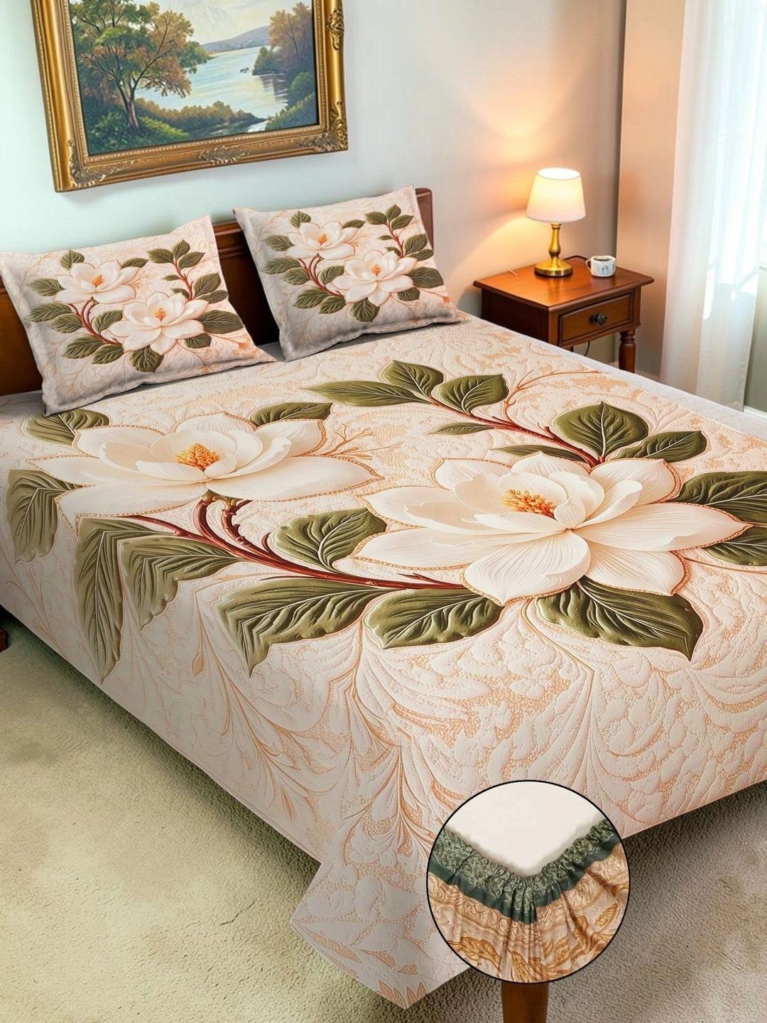 Moda Rapido X KLOTTHE Cream-Coloured & Green Floral 400 TC King Bedsheet with 2 Pillow Covers