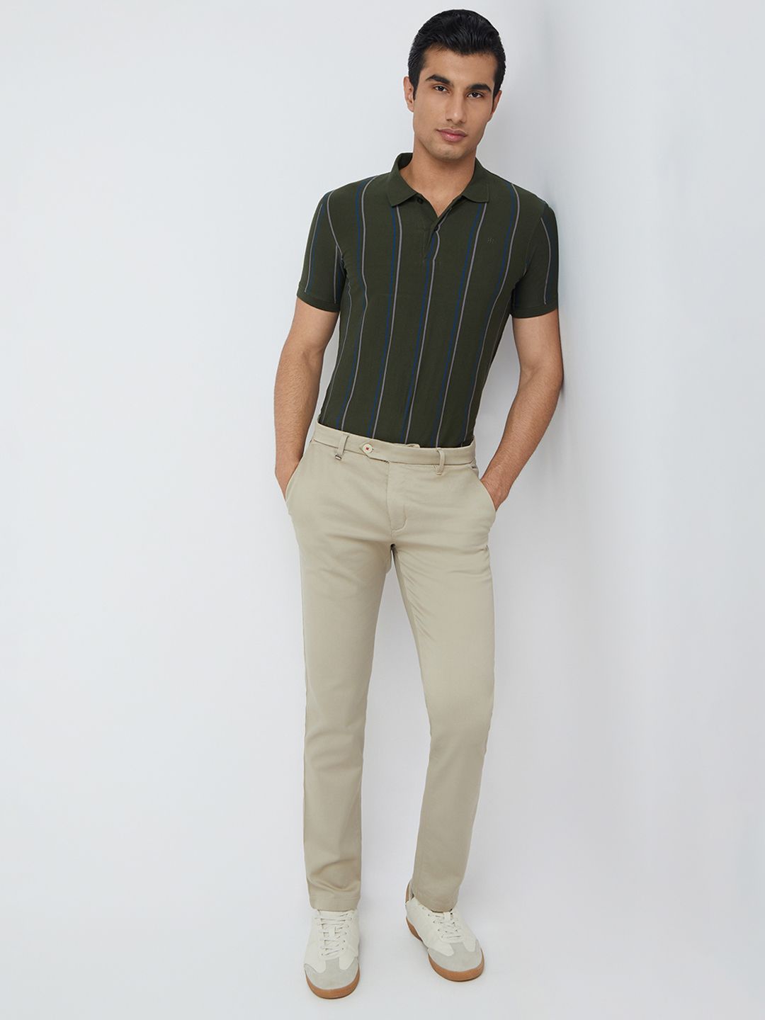Raymond Men Green & Grey Striped Polo Collar Pure Cotton T-shirt