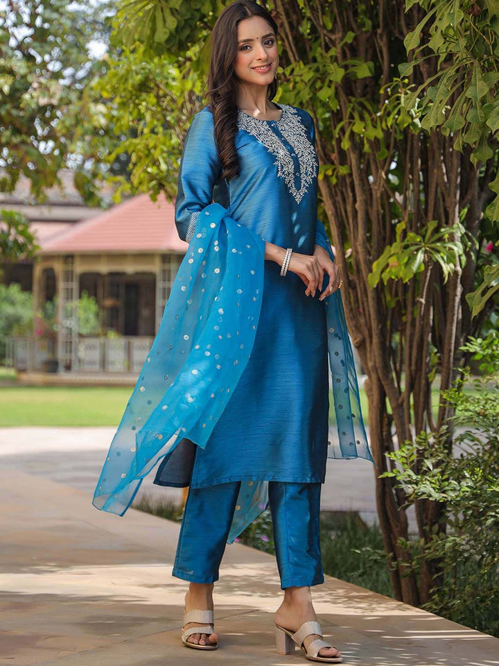 KALINI Ethnic Motifs Embroidered Straight Kurta & Trousers With Dupatta