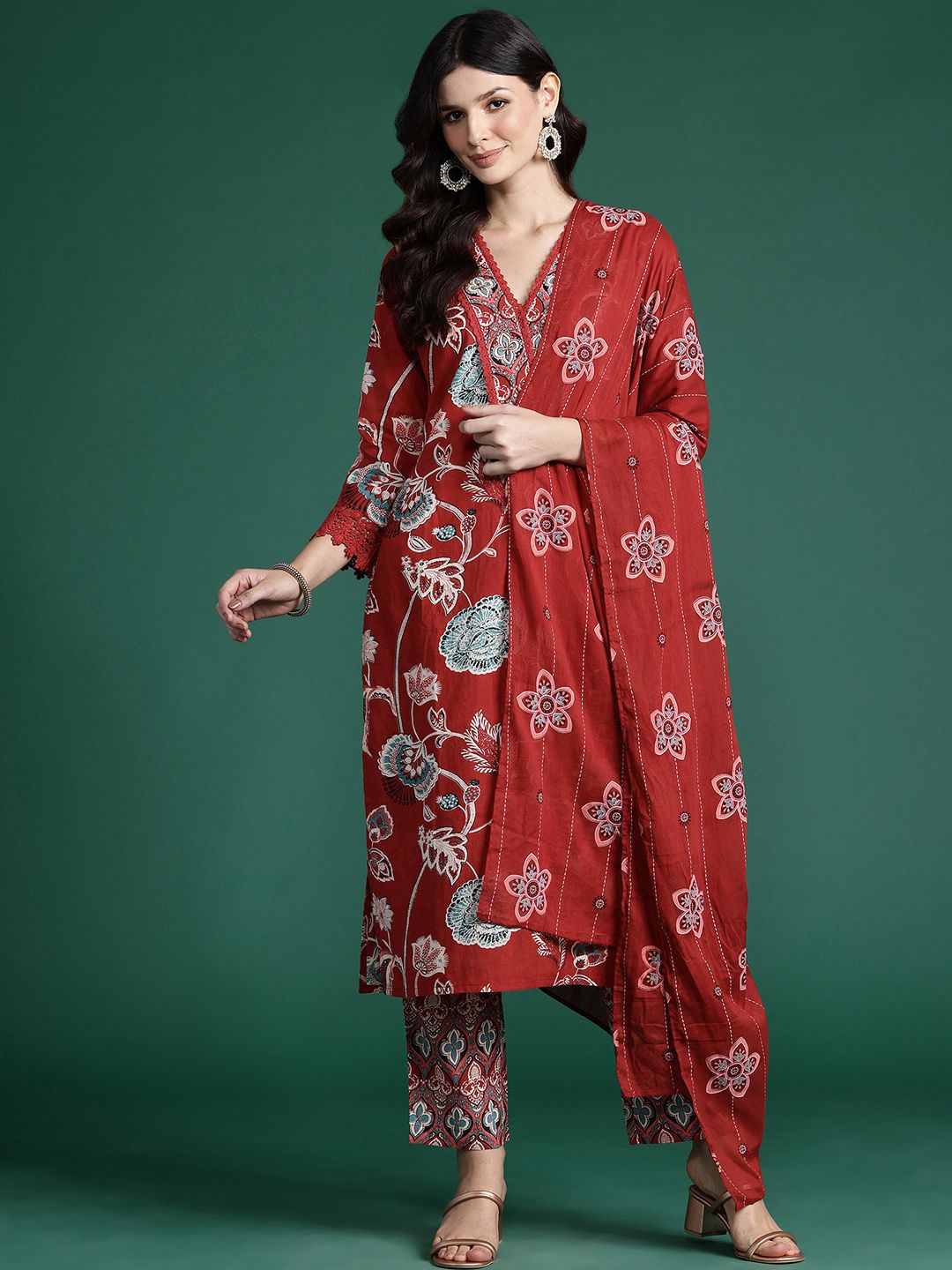 Indo Era Floral Printed Sequinned Pure Cotton Kurta With Trousers & Dupatta