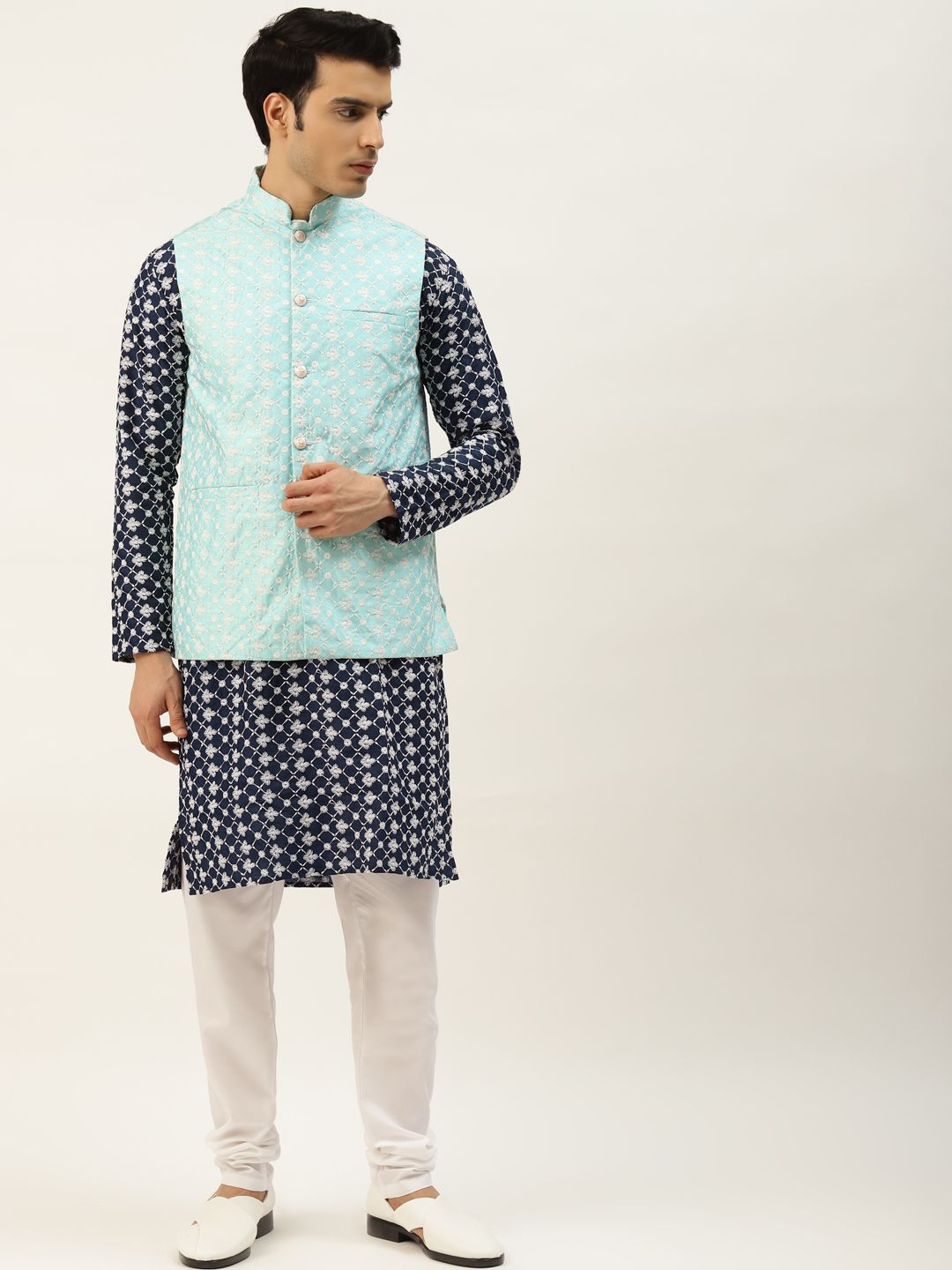 SOJANYA Men Navy Chikankari Embroidered Kurta with Churidar & Nehru Jacket