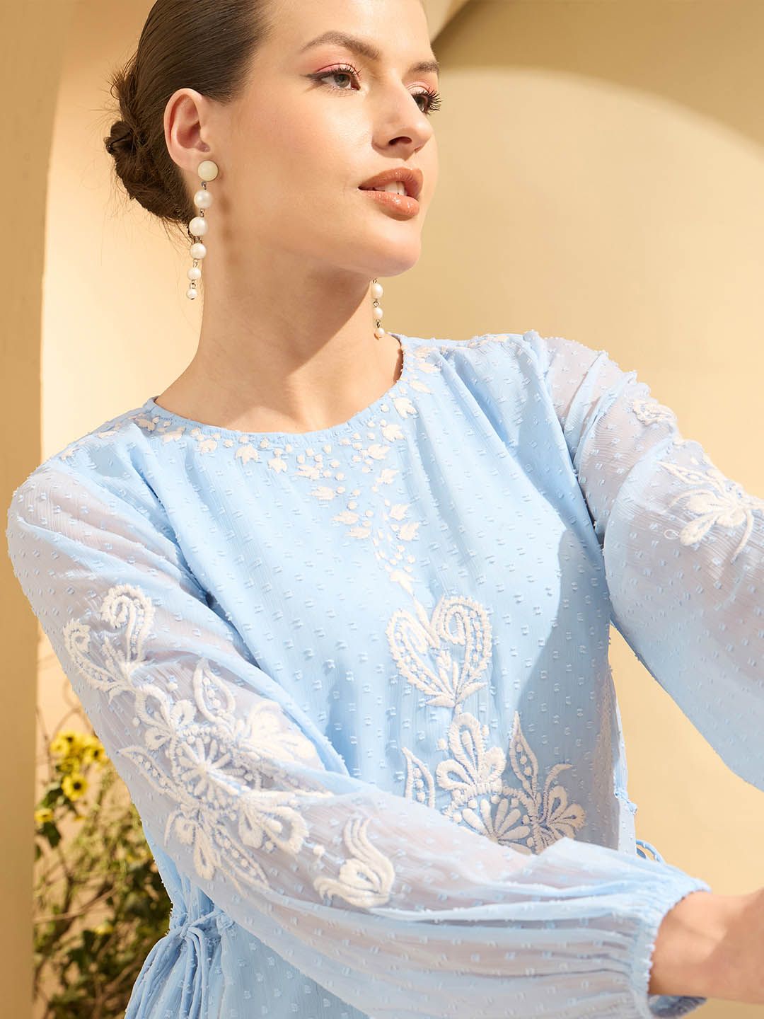 Antheaa Women Bishop Sleeve embroidered Chiffon A-Line Midi Dress
