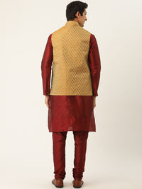 SOJANYA Men Maroon & Mustard Yellow Solid Kurta with Churidar & Nehru Jacket