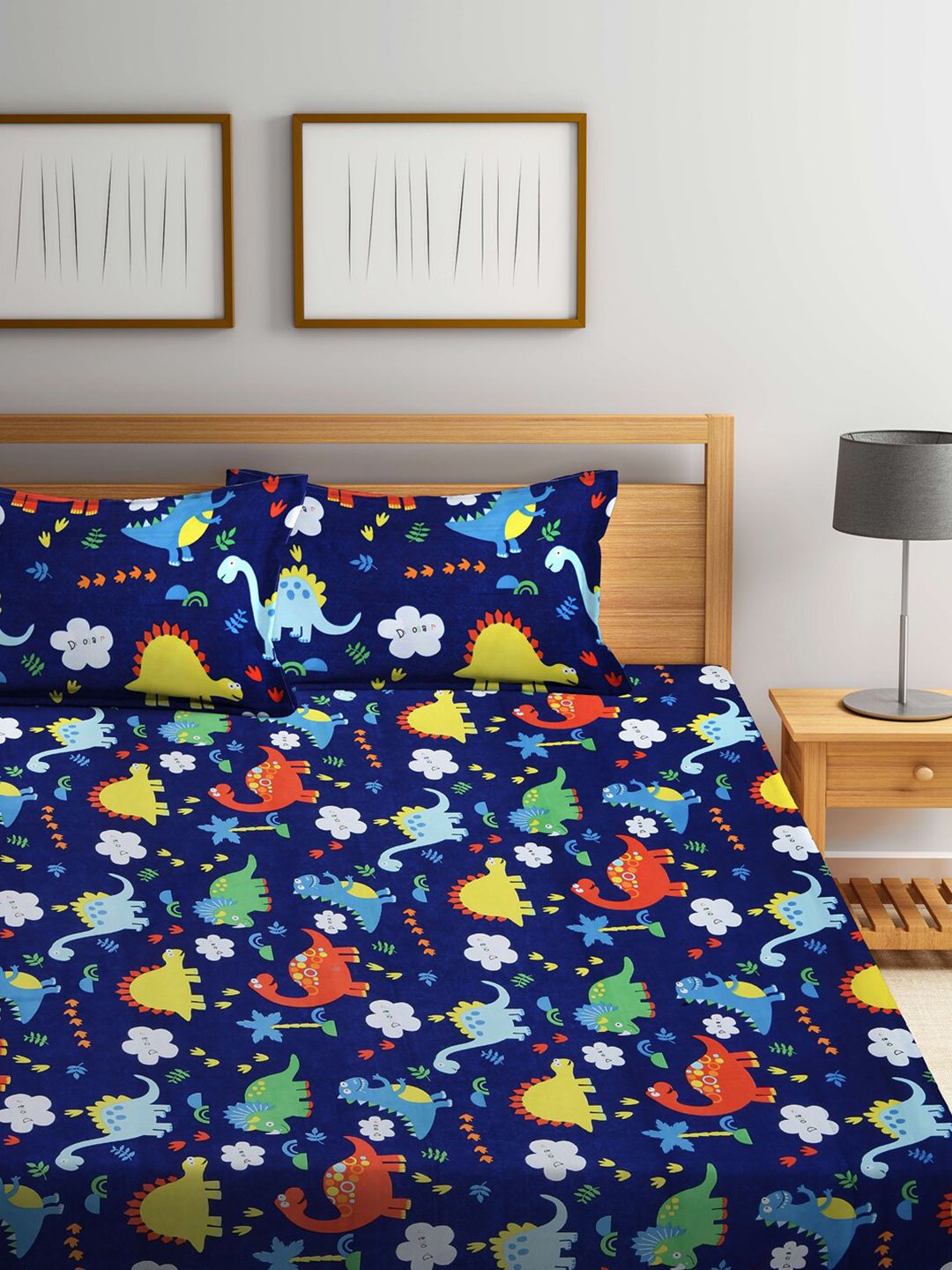KLOTTHE Navy Blue & Yellow Graphic 300 TC King Bedsheet with 2 Pillow Covers