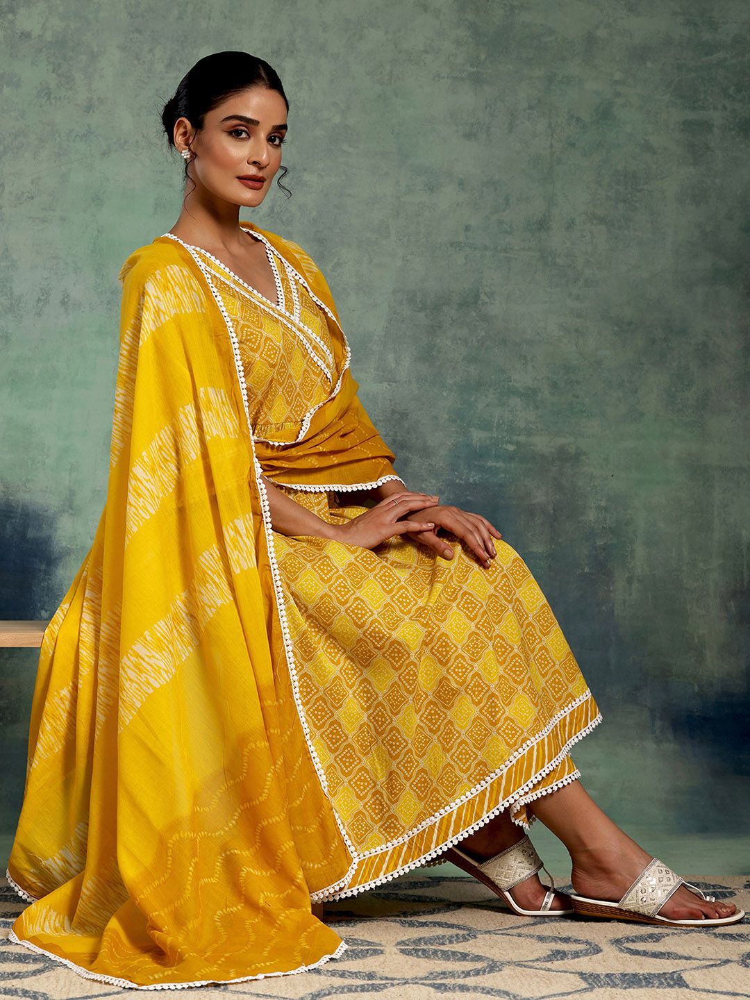 Libas Bandhani Printed Angrakha Pure Cotton Kurta with Palazzos & Dupatta