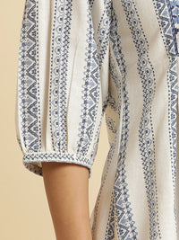 W White Geometric Printed V-Neck Cotton A-Line Longline Top