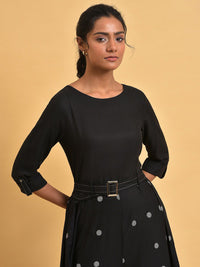 W Black & Grey Polka Dots Printed Pleated Belted Culotte Jumpsuit