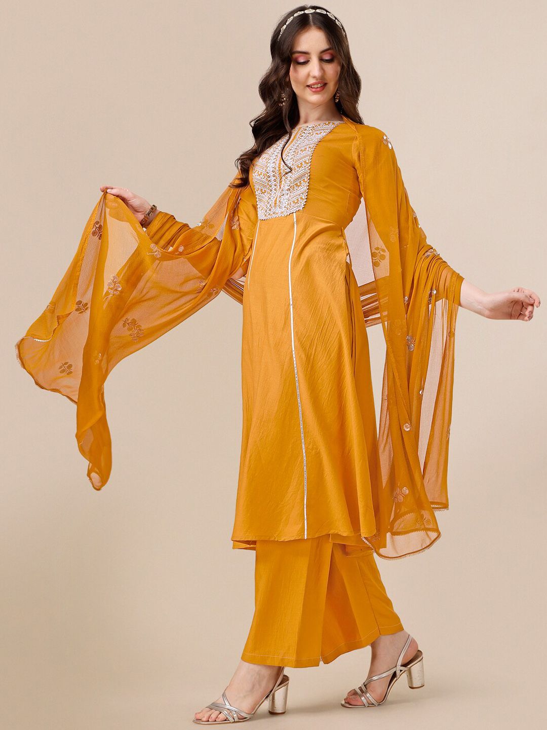 KALINI Ethnic Motifs Embroidered Sequinned A-Line Kurta With Palazzos & Dupatta