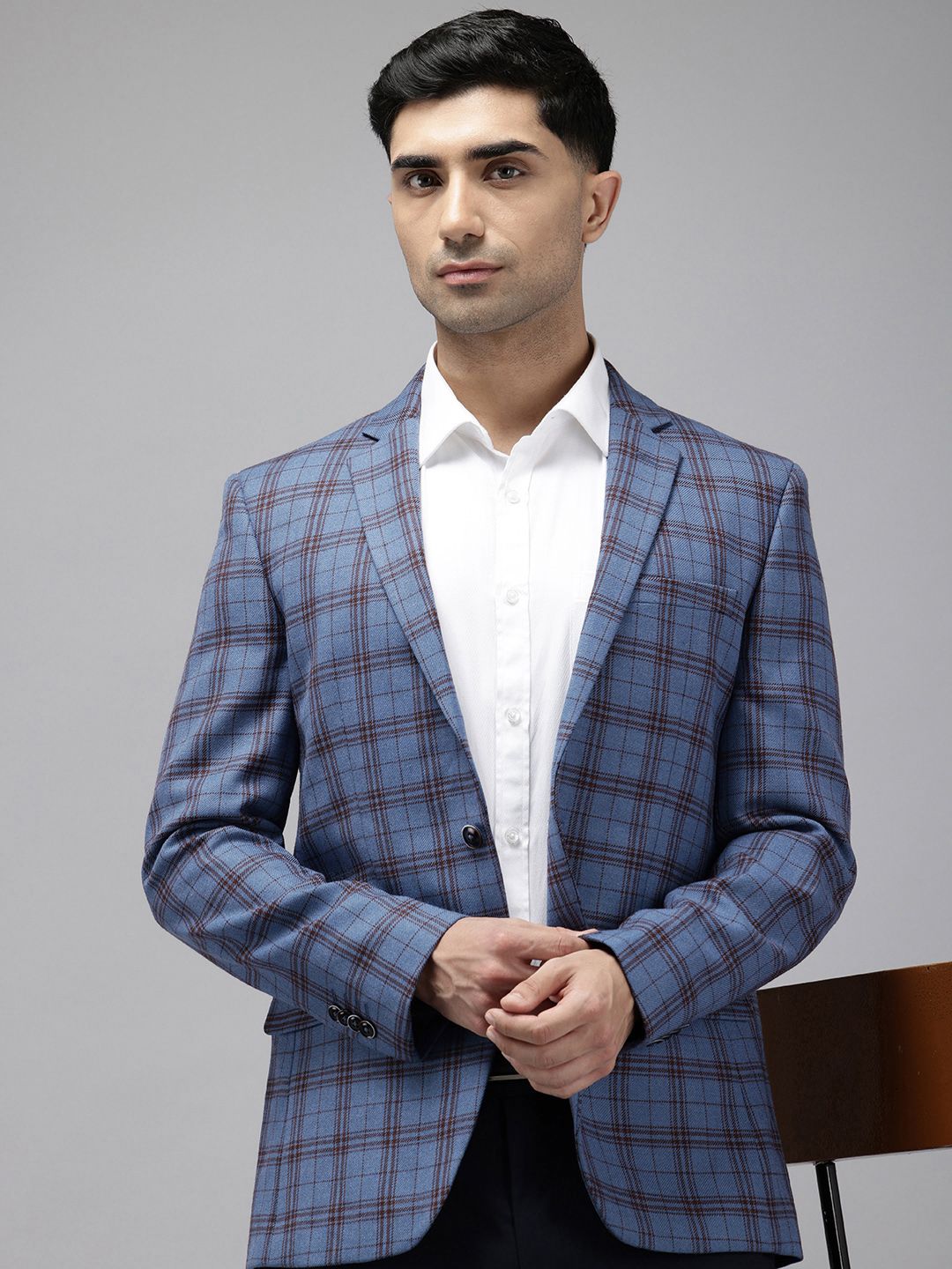 Park Avenue Notched Lapel Single Breasted Checked Slim Fit Formal Blazer