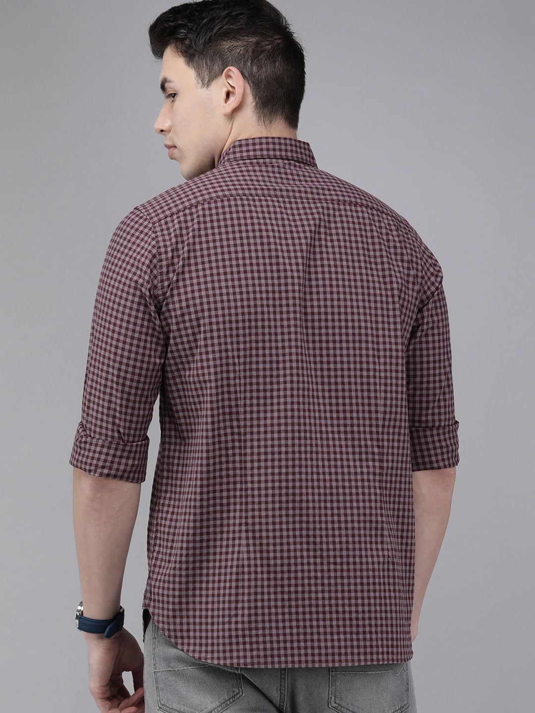 THE BEAR HOUSE Men Maroon & Pink Slim Fit Gingham Checked Cotton Shirt