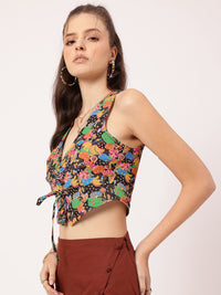 DressBerry Indie Vibes Printed Lace-Up Waistcoat Style Crop Top
