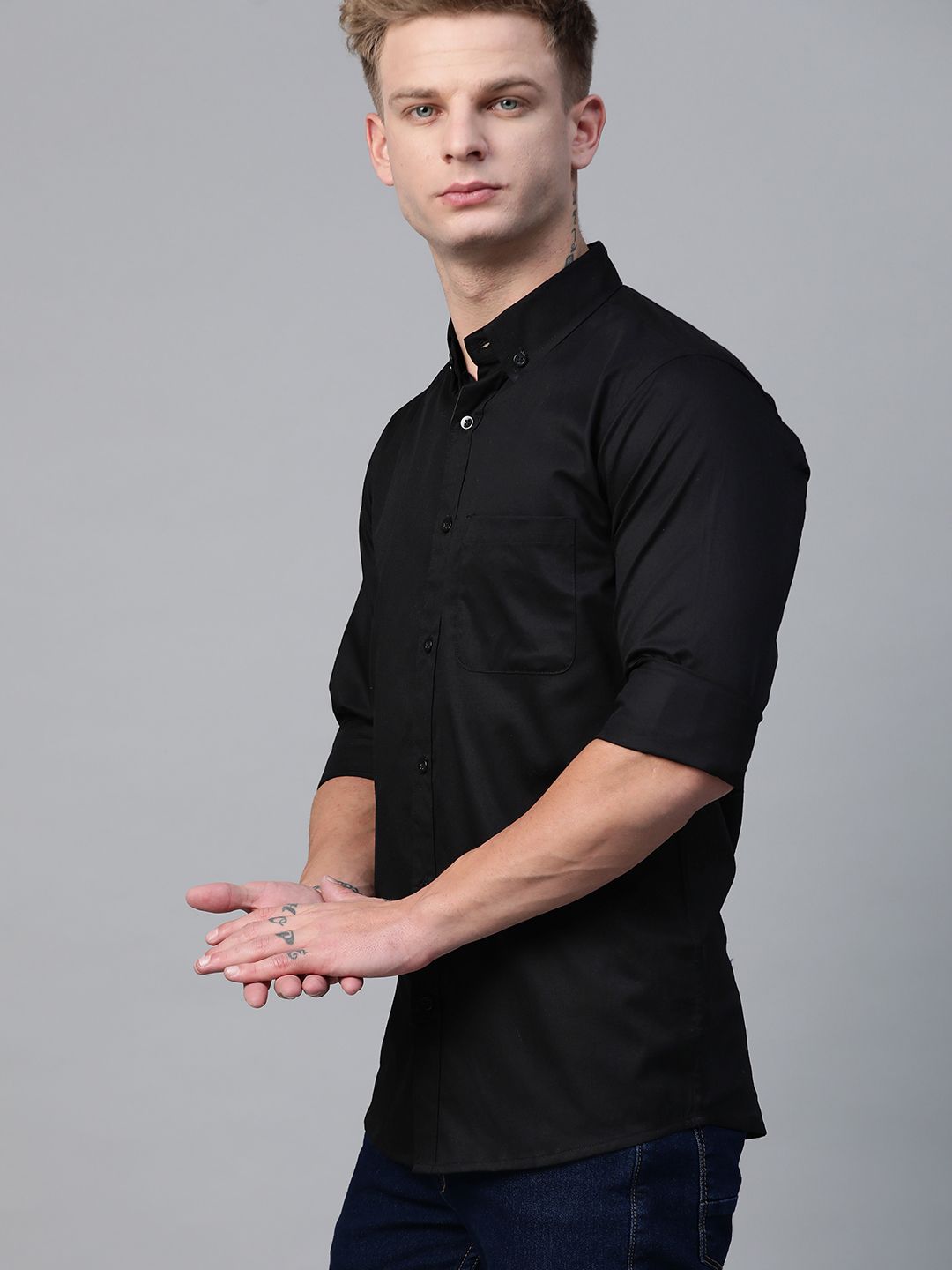 DENNISON Men Black Smart Slim Fit Solid Water & Stain Repellent Casual Shirt