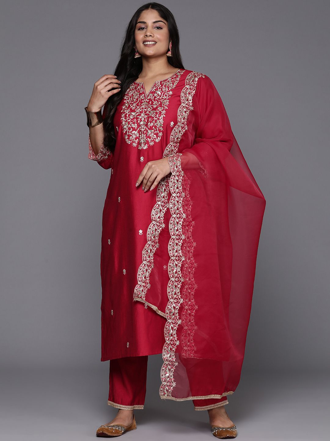 Indo Era Plus Size Ethnic Motifs Embroidered Sequinned Liva Kurta with Trousers & Dupatta
