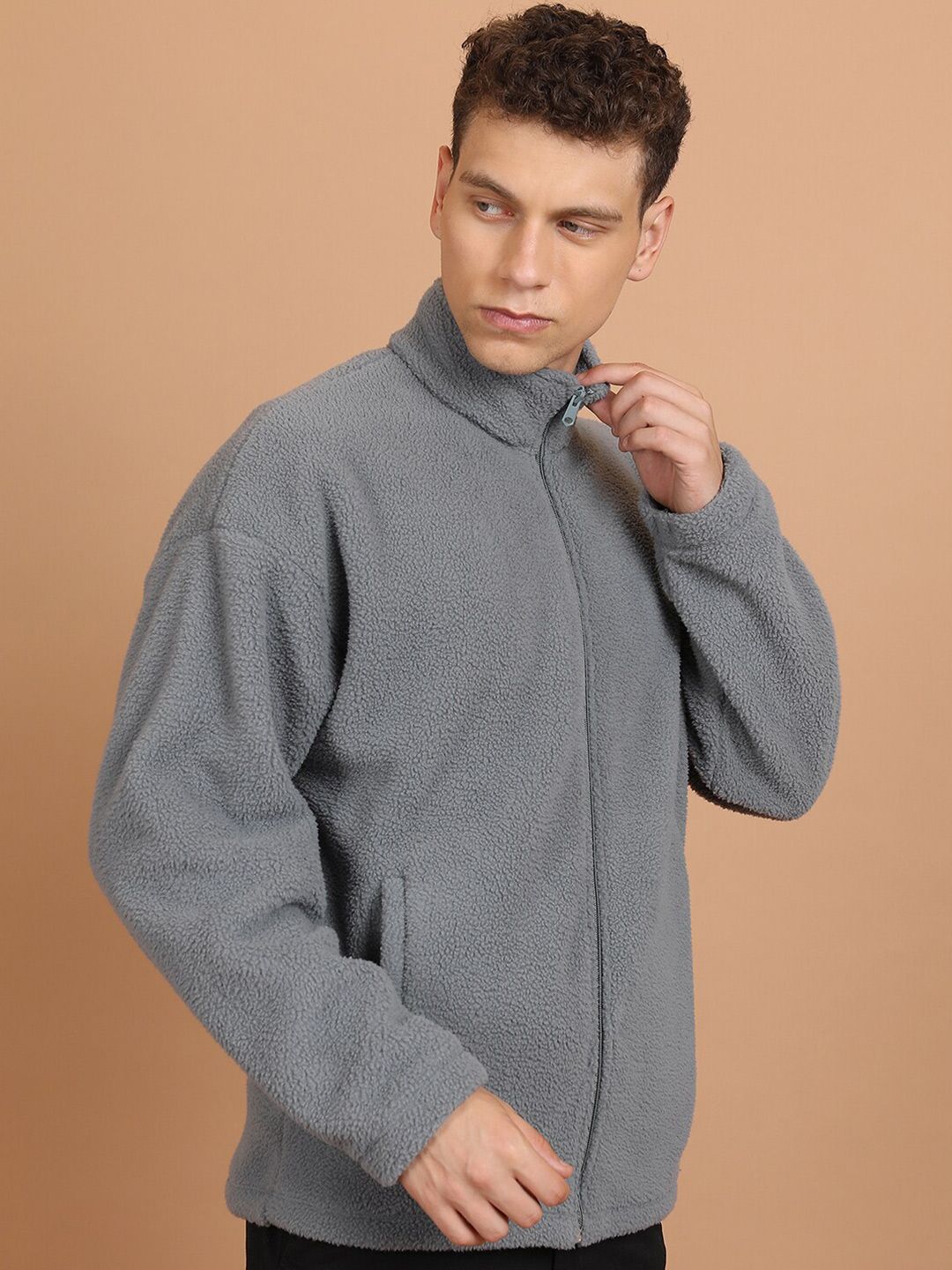 HIGHLANDER Grey Mock Collar Drop Shoulder Sleeves Oversized Front-Open Sweatshirt