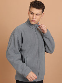 HIGHLANDER Grey Mock Collar Drop Shoulder Sleeves Oversized Front-Open Sweatshirt