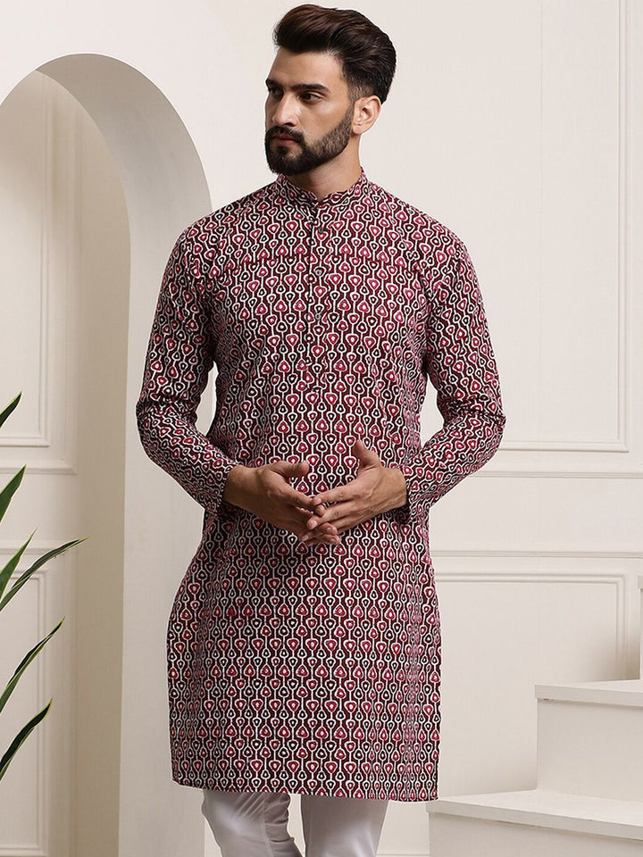 SOJANYA Lelaki Hitam Geometric Flared Lengan Kurta Kerja Benang