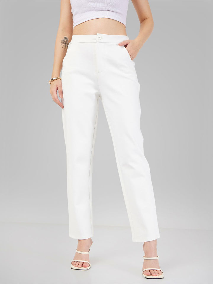 SASSAFRAS Women White Slim Fit Mid Rise Cigarette Trousers