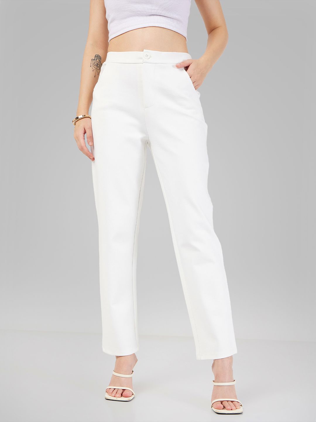 SASSAFRAS Women White Slim Fit Mid Rise Cigarette Trousers
