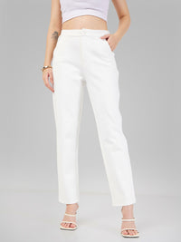 SASSAFRAS Women White Slim Fit Mid Rise Cigarette Trousers