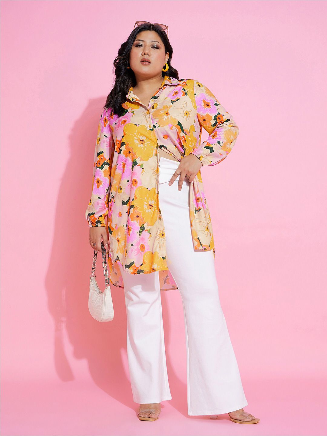 SASSAFRAS Curve Plus Size Floral Printed Comfort Longline Casual Shirt