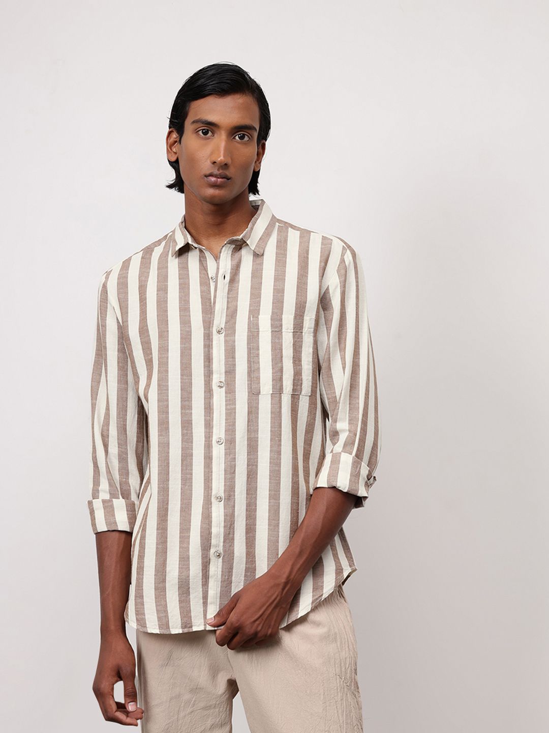 ether Men Classic Cotton Linen Striped Shirt