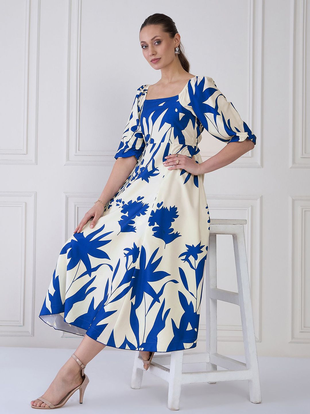 Antheaa Tie and Dye Print Puff Sleeve Crepe A-Line Midi Dress