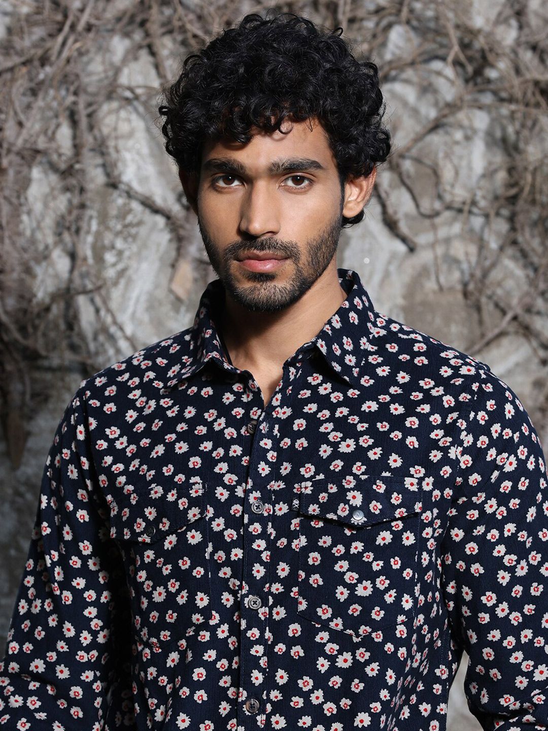 Thomas Scott Premium Slim Fit Floral Printed Spread Collar Cotton Corduroy Casual Shirt