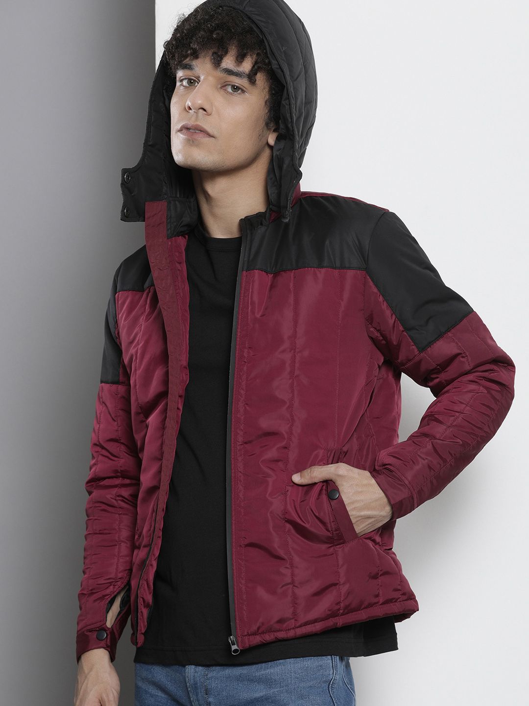 The Indian Garage Co Men Pink Black Colourblocked Padded Jacket