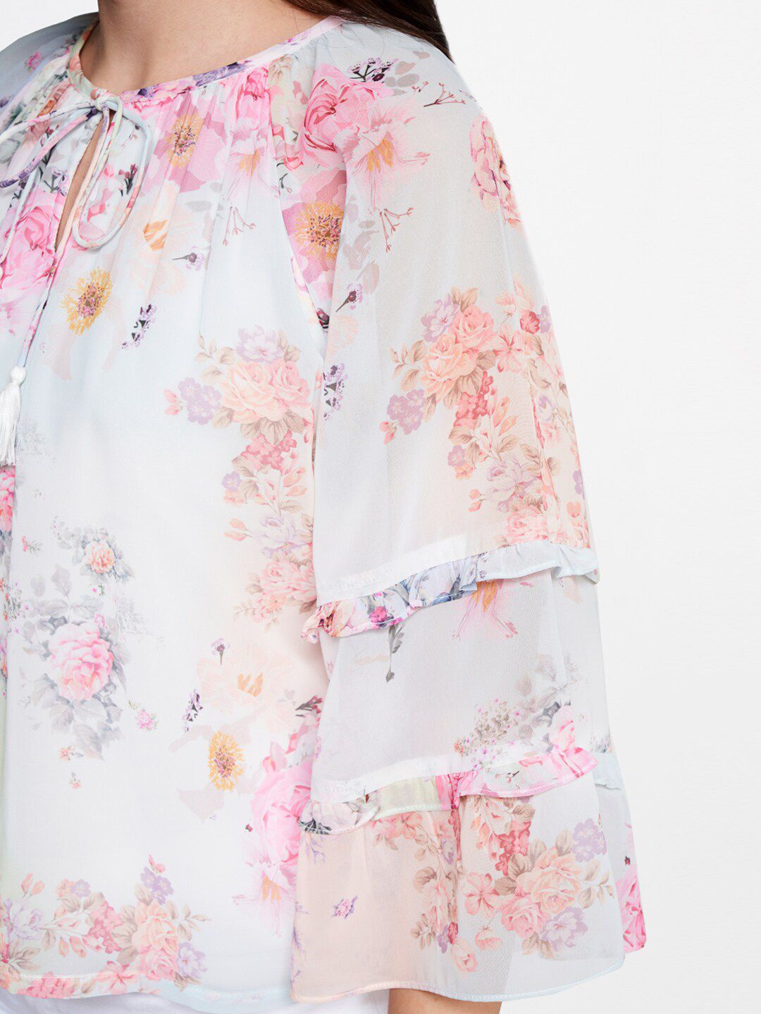 AND Floral Printed Tie-Up Neck Bell Sleeves Top